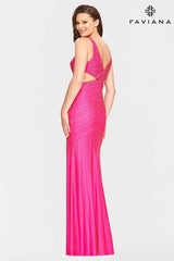 V Neck Prom Dress With Patterned Beading And Side Cutouts