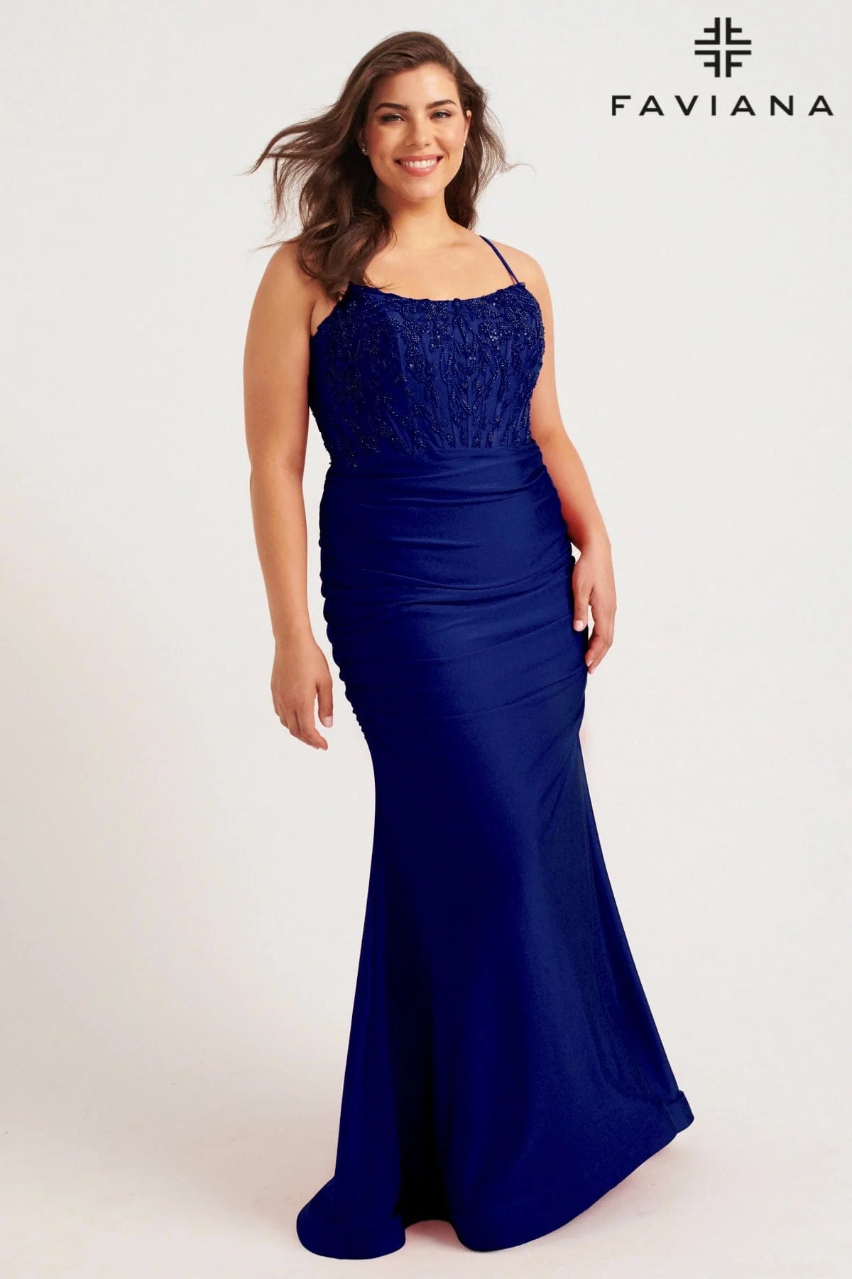 Plus Size Beaded Corset Gown With Ruching Detailing | 9569