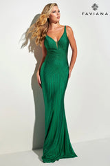 Open Back Long Rhinestone Prom Dress With Flattering Linear Design | 11022