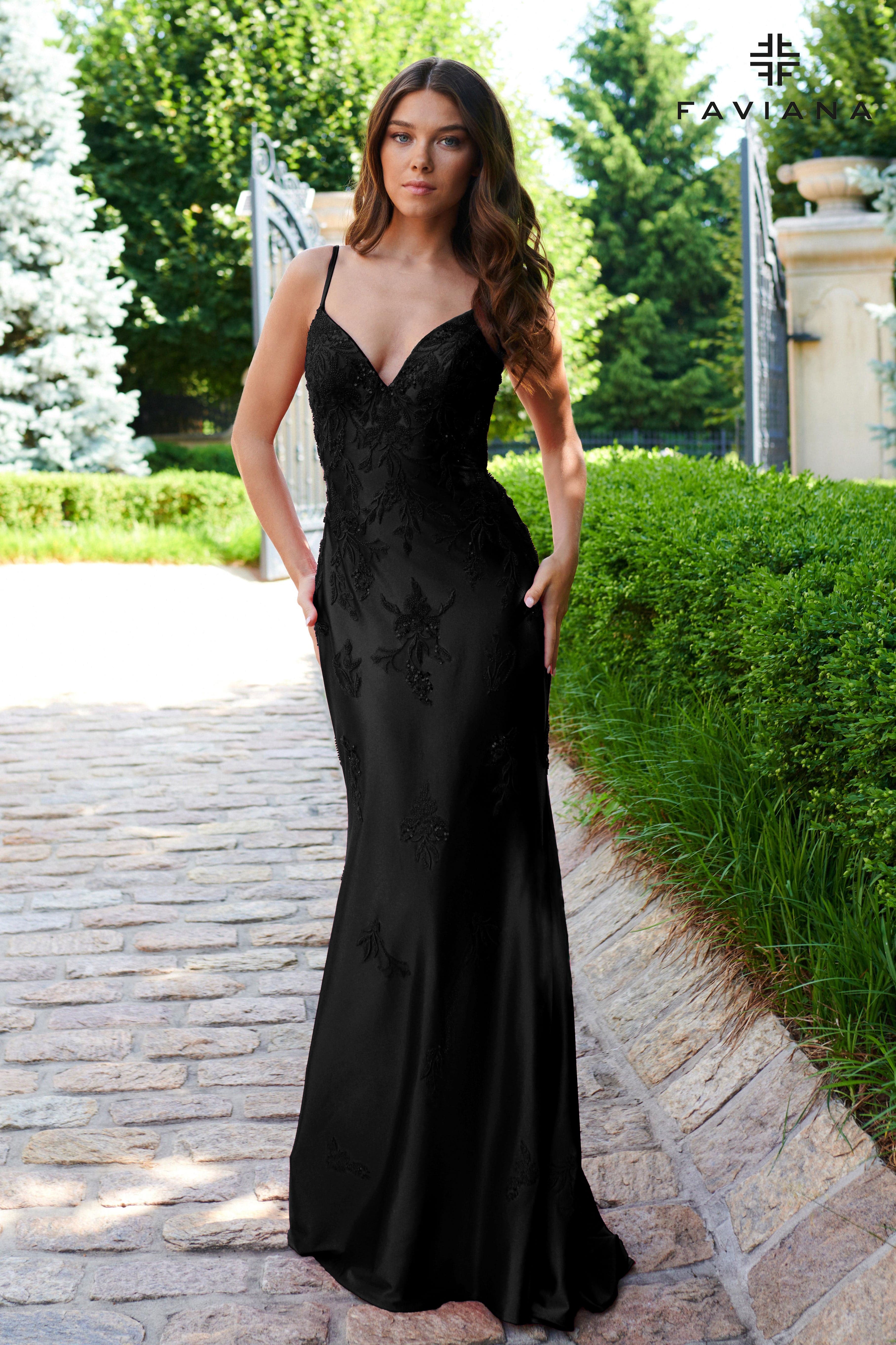 Beaded Satin Long V Neck Dress With Open Back | 11245