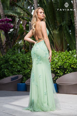 Sage Green Beaded Lace Long V Neck Dress With Open Back | S10633