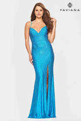 Long V Neck Prom Dress With Beading And Lace Up Back | S10802