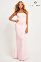 Light Pink Strapless Light Pink Tulle And Lace Appliqué Dress For Prom | 11004