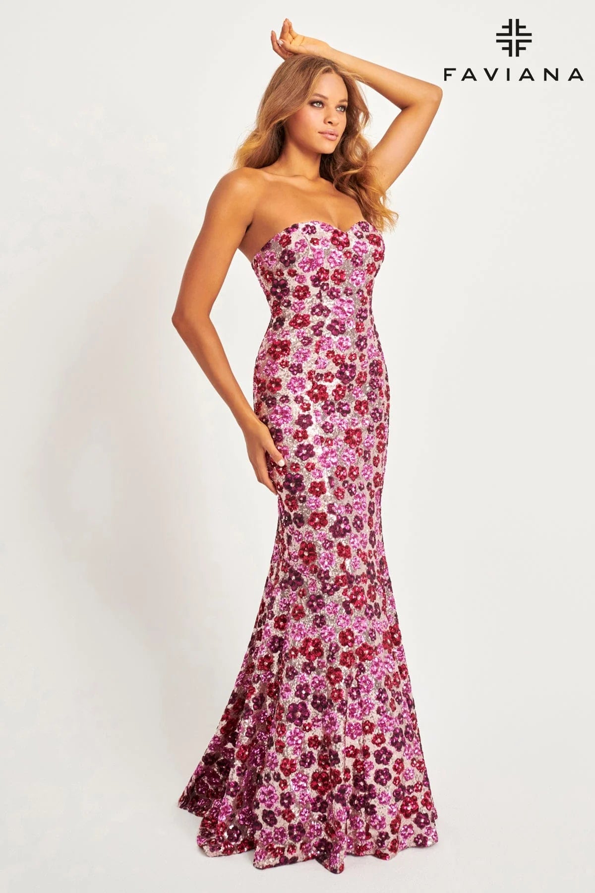 Strapless Sequin Mermaid Dress With Colorful Floral Design | 11036