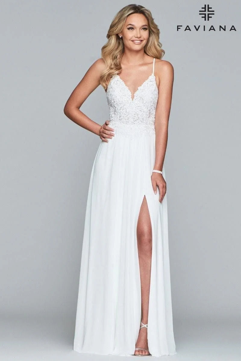 Long Chiffon Cold Shoulder Dress And Lace Applique Bodice