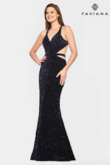 Long Velvet Sequin Prom Dress With Halter Neckline And Cutouts