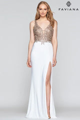 Long V Neck Dress With Applique Lace Bodice