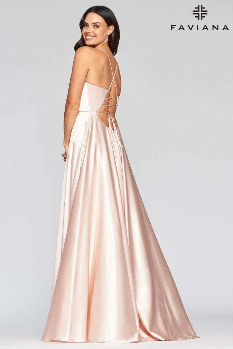 Light Pink Silky Charmeuse Lace Up Back Prom Dress With Side Pockets