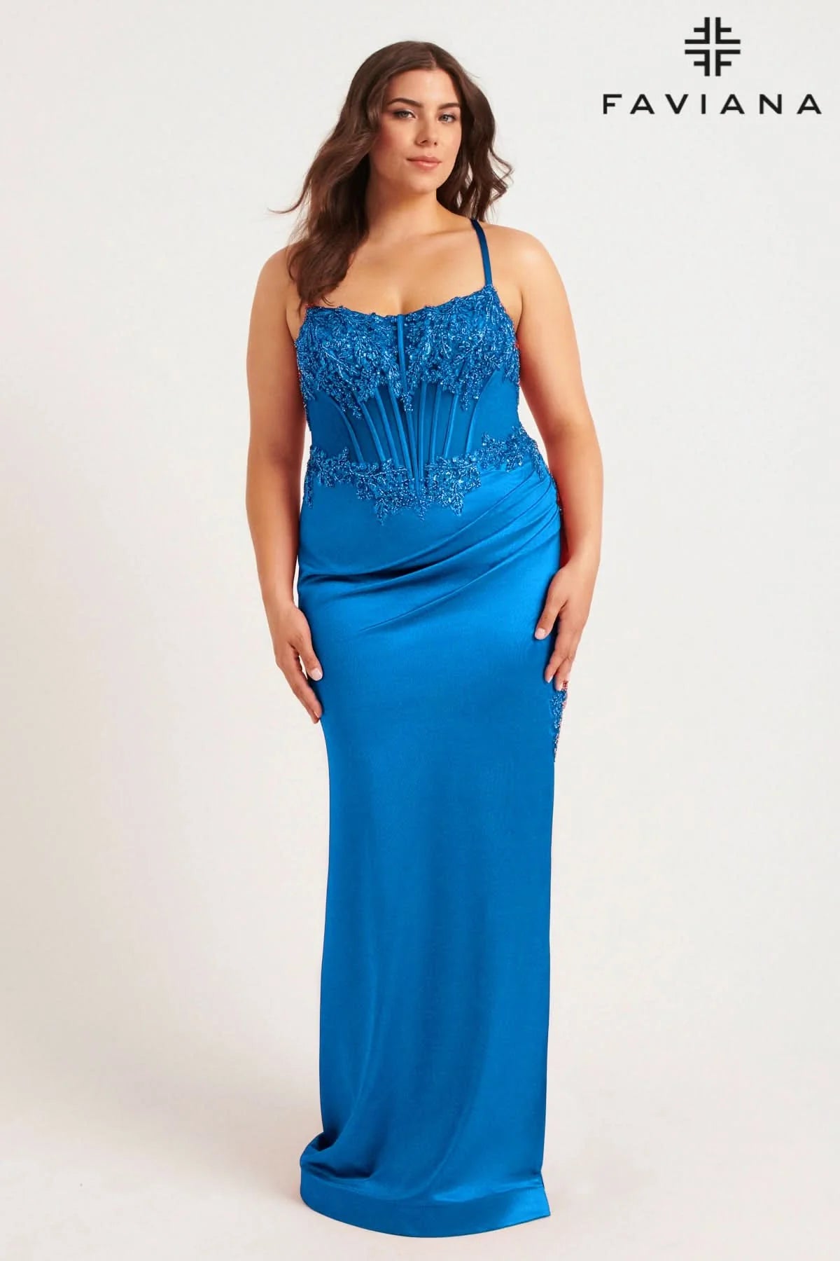 Ink Blue Plus Size Satin Corset Dress With Exposed Boning And Beading | 9592