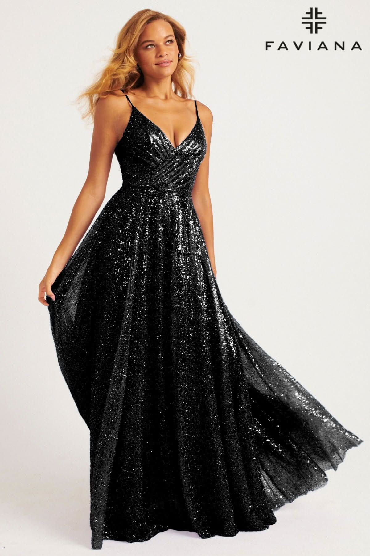 Black Shimmery Sequin A-Line Gown With Crossover V-Neck Detail | 11203