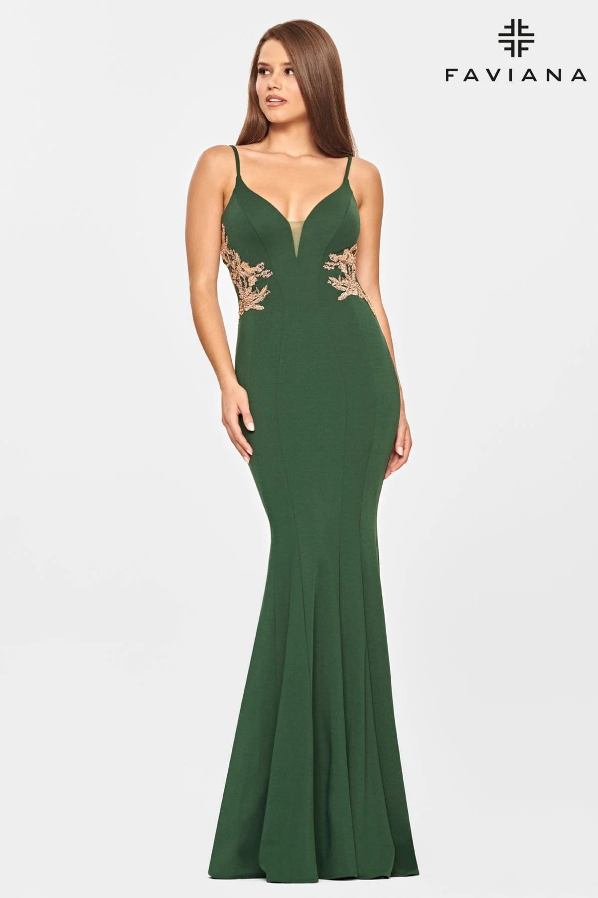 Emerald Jersey Long Dress With Beaded Lace Applique And Open Back