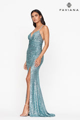 Sequin Prom Dress With V Neck And Lace Up Back