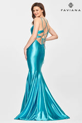 Mermaid Long Dress With Lace Up Back In Stretch Satin Fabric