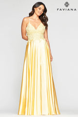 Yellow Long Flowy Prom Dress With Lace Bustier And Corset Back