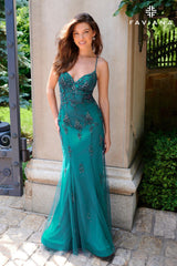 Peacock Beaded Lace Long V Neck Dress With See-Through Mesh Paneling | 11227