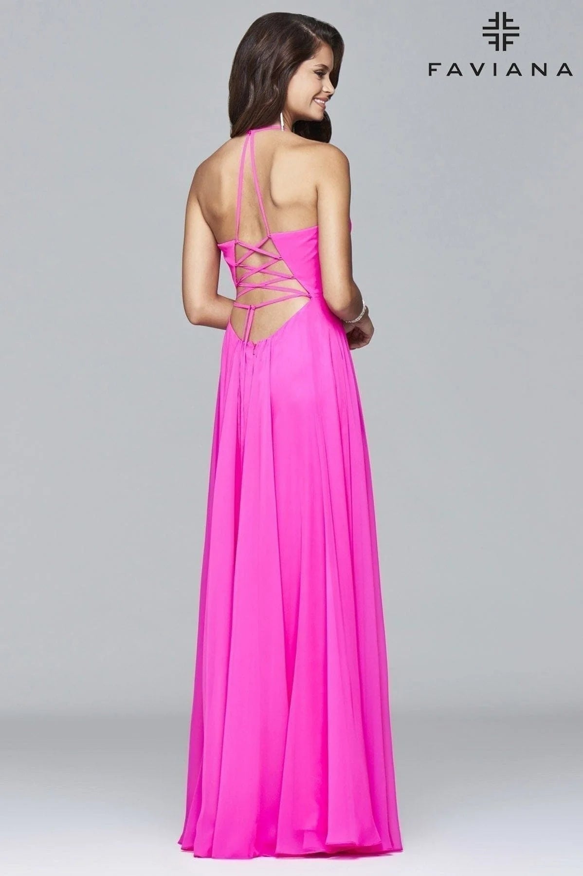 Chiffon V-Neck Evening Dress With Full Skirt And Lace-Up Back