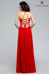 Chiffon V-Neck Evening Dress With Full Skirt And Lace-Up Back