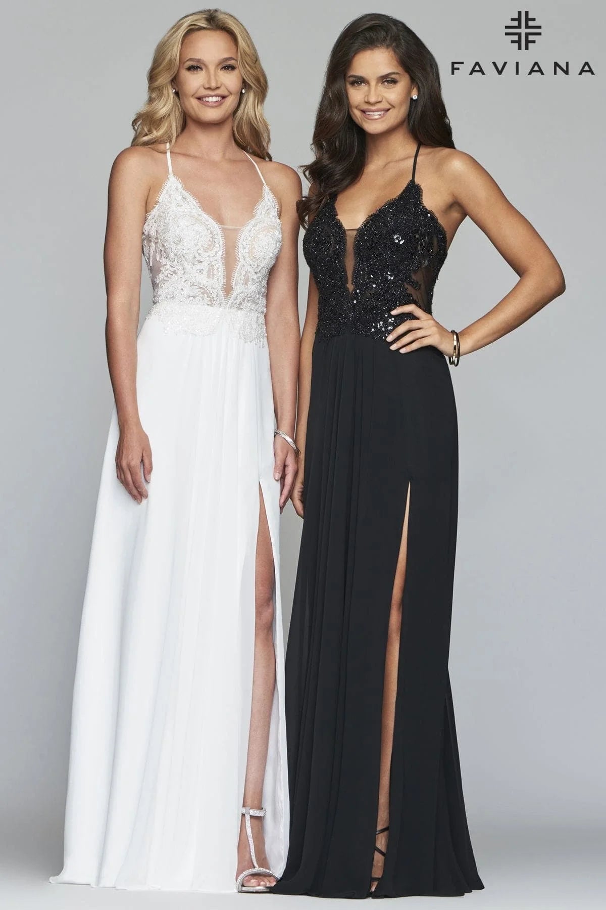 V Neck Long Chiffon Dress With Beaded Lace Applique Bodice