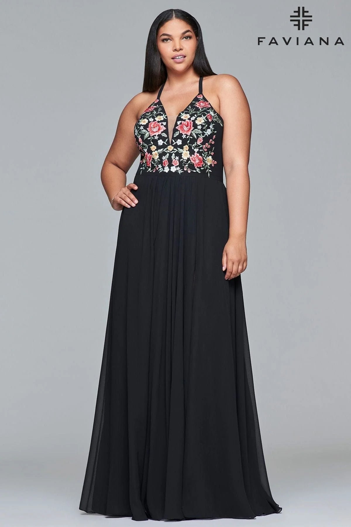 Plus Size Long Chiffon V Neck Dress With Floral Applique Embroidery