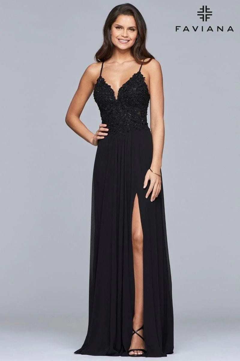 Long Chiffon Cold Shoulder Dress And Lace Applique Bodice