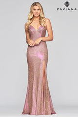 Sparkly Metallic Long Jersey Dress With Leg Slit