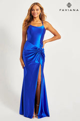 Royal Sleek Satin Evening Dress With Scoop Neck And Knot Waist