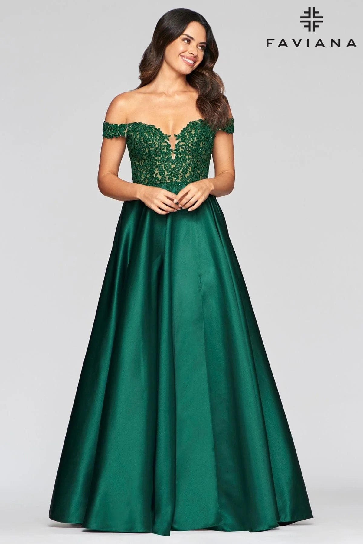 Off The Shoulder Ballgown Dress With Satin Skirt And Lace Bodice