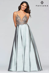 Long Charmeuse Dress With Applique And Sheer Cut Outs