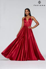 Ruby Red Satin Ballgown Dress With Lace Up Back And V Neck | S10252