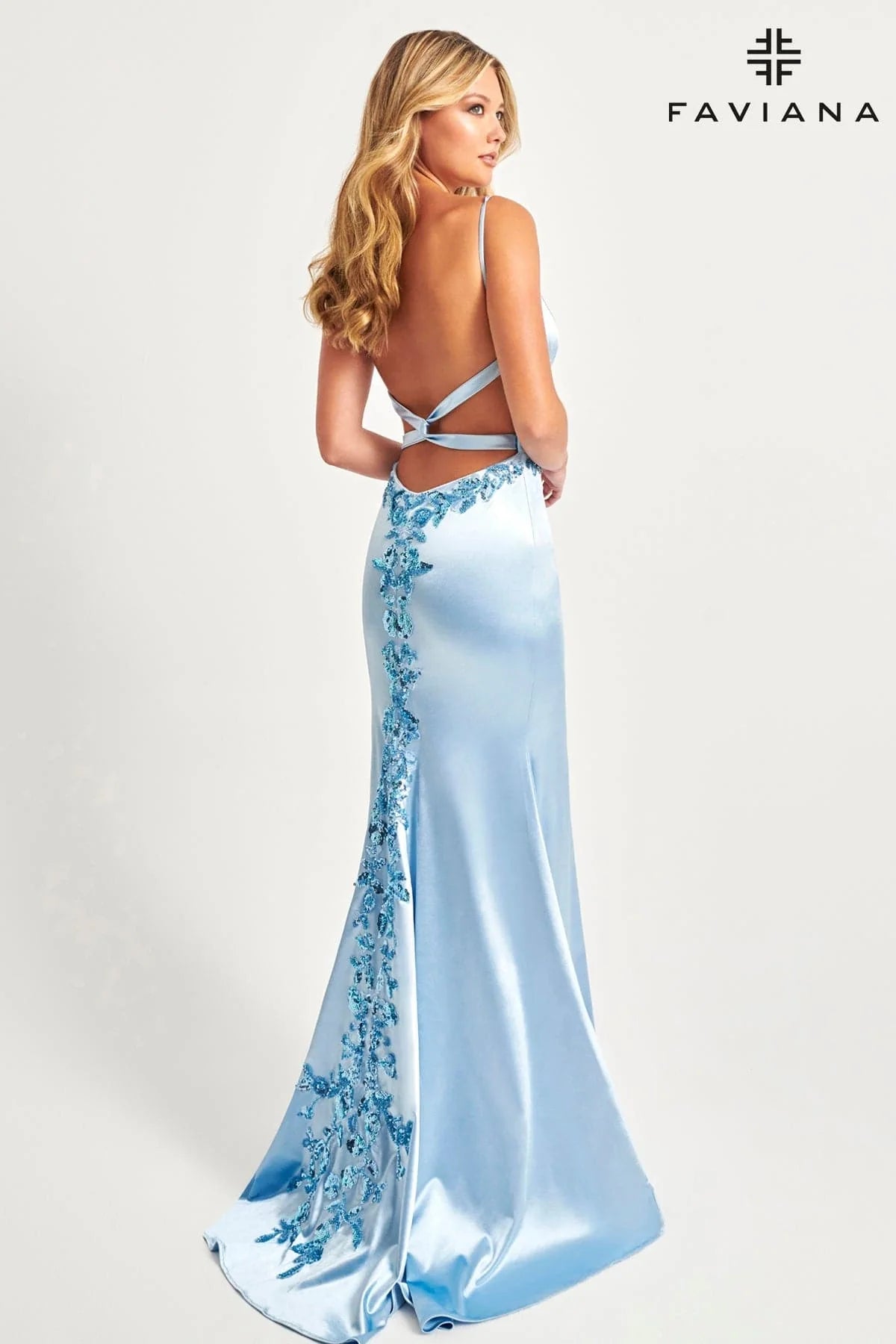 Satin V-Neck Long Dress With Cross-Back Detail And Beaded Appliqué | 11062