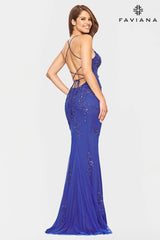 Long Tulle Prom Dress With Beaded Applique And Scoop Neckline | S10634