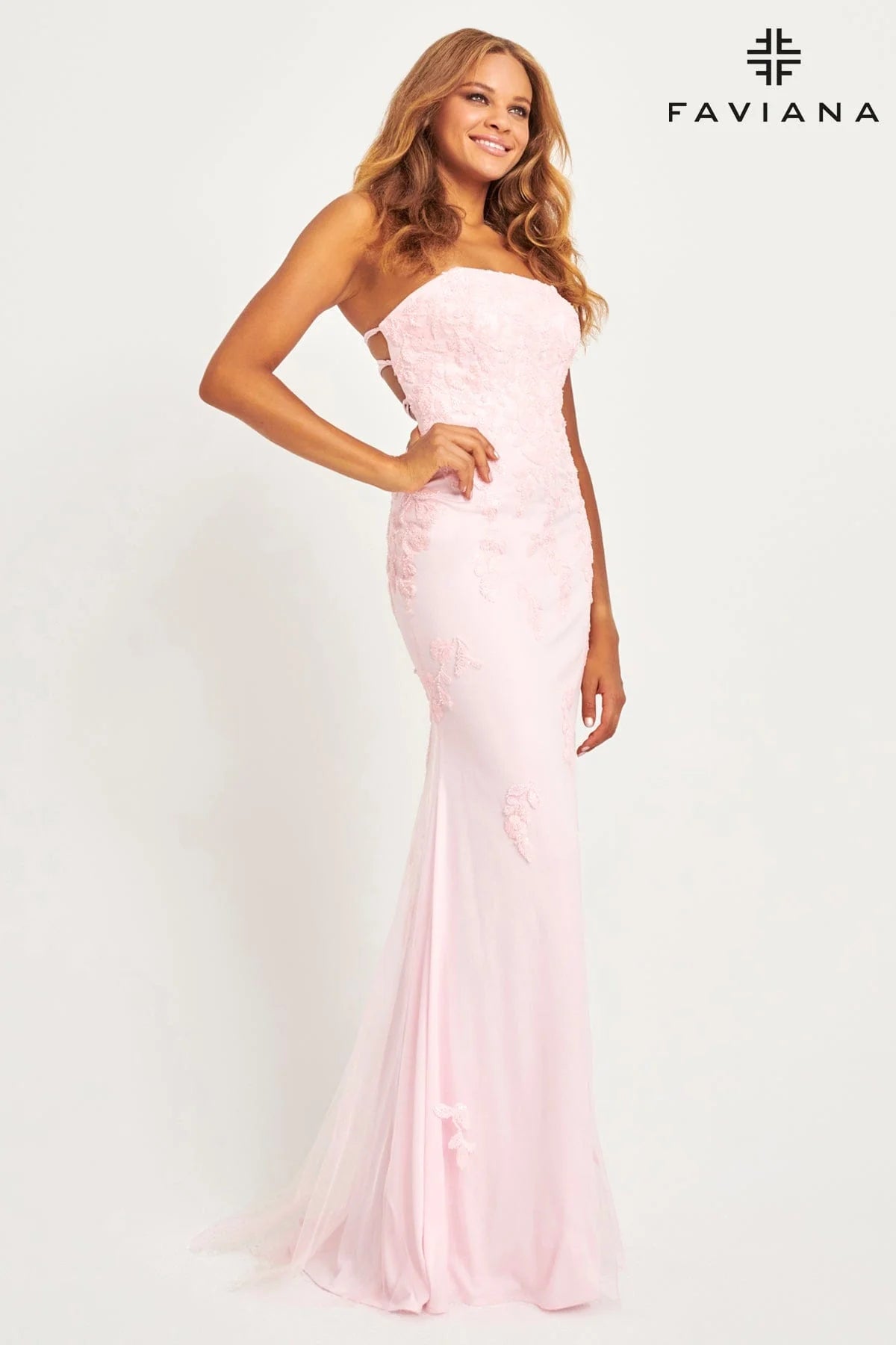 Light Pink Strapless Light Pink Tulle And Lace Appliqué Dress For Prom | 11004