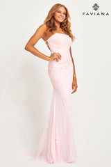 Strapless Light Pink Tulle And Lace Appliqué Dress For Prom | 11004