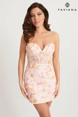 Strapless Corset Mini Dress With Floral Beaded Appliqué | 11126