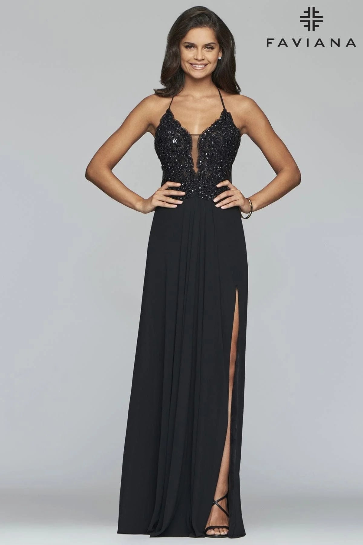 V Neck Long Chiffon Dress With Beaded Lace Applique Bodice