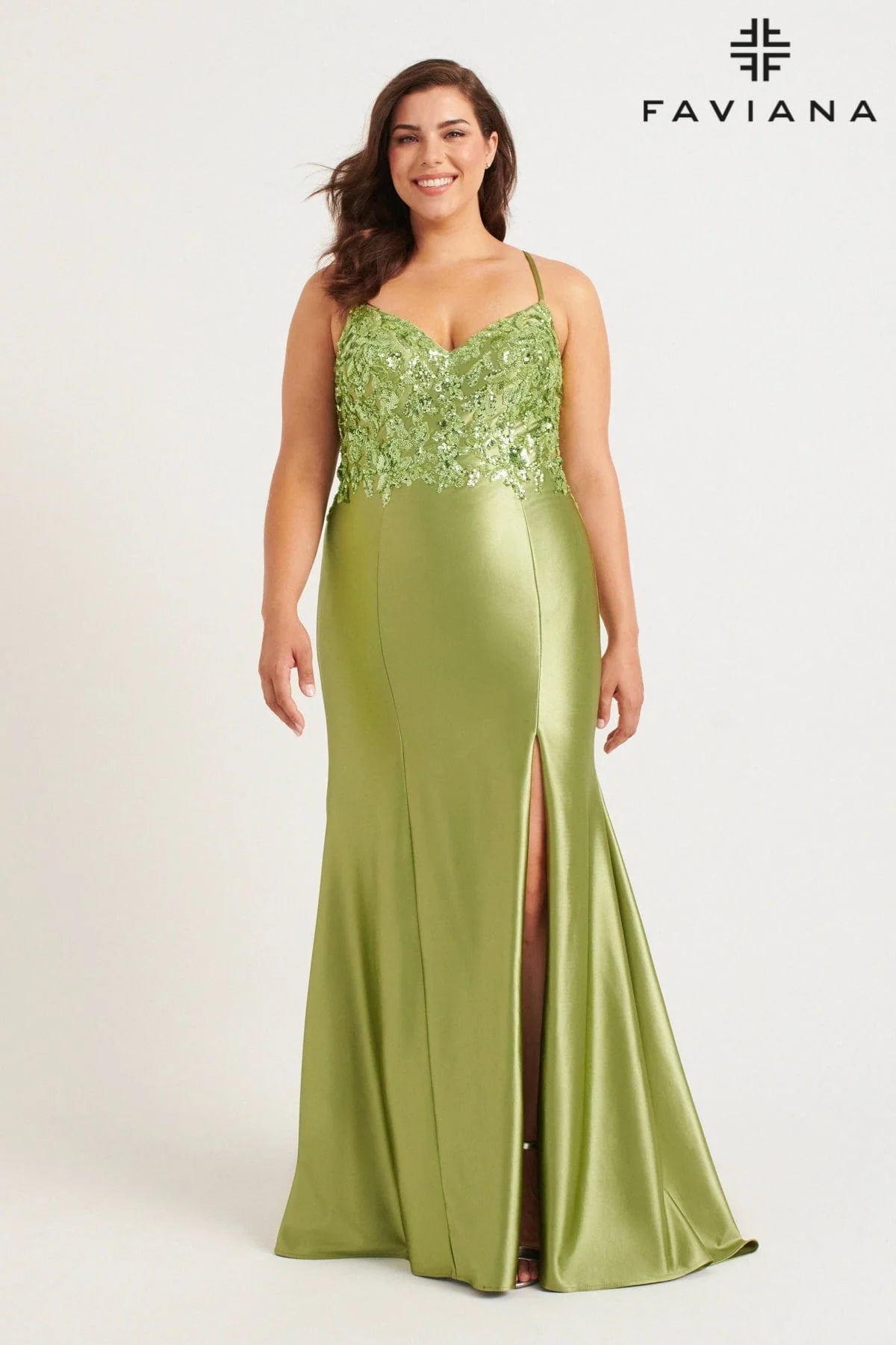 Plus Size Stretch Satin Gown With Bustier Sequin Appliqué | 9563