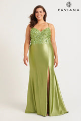 Plus Size Stretch Satin Gown With Bustier Sequin Appliqué | 9563