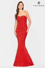 Long Velvet Sequin Strapless Dress With Mermaid Skirt