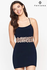 Short Jersey Dress With Embellished Waistband And Scoop Neck