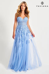 Long Tulle Prom Dress With Corset Bodice And Lace Appliqué | S10814