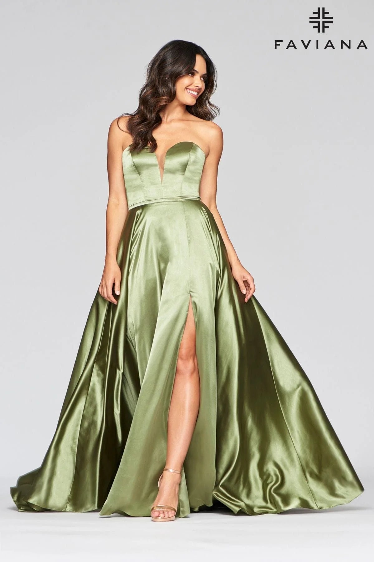 Long Strapless Satin Ball Gown Dress With Deep V Neck