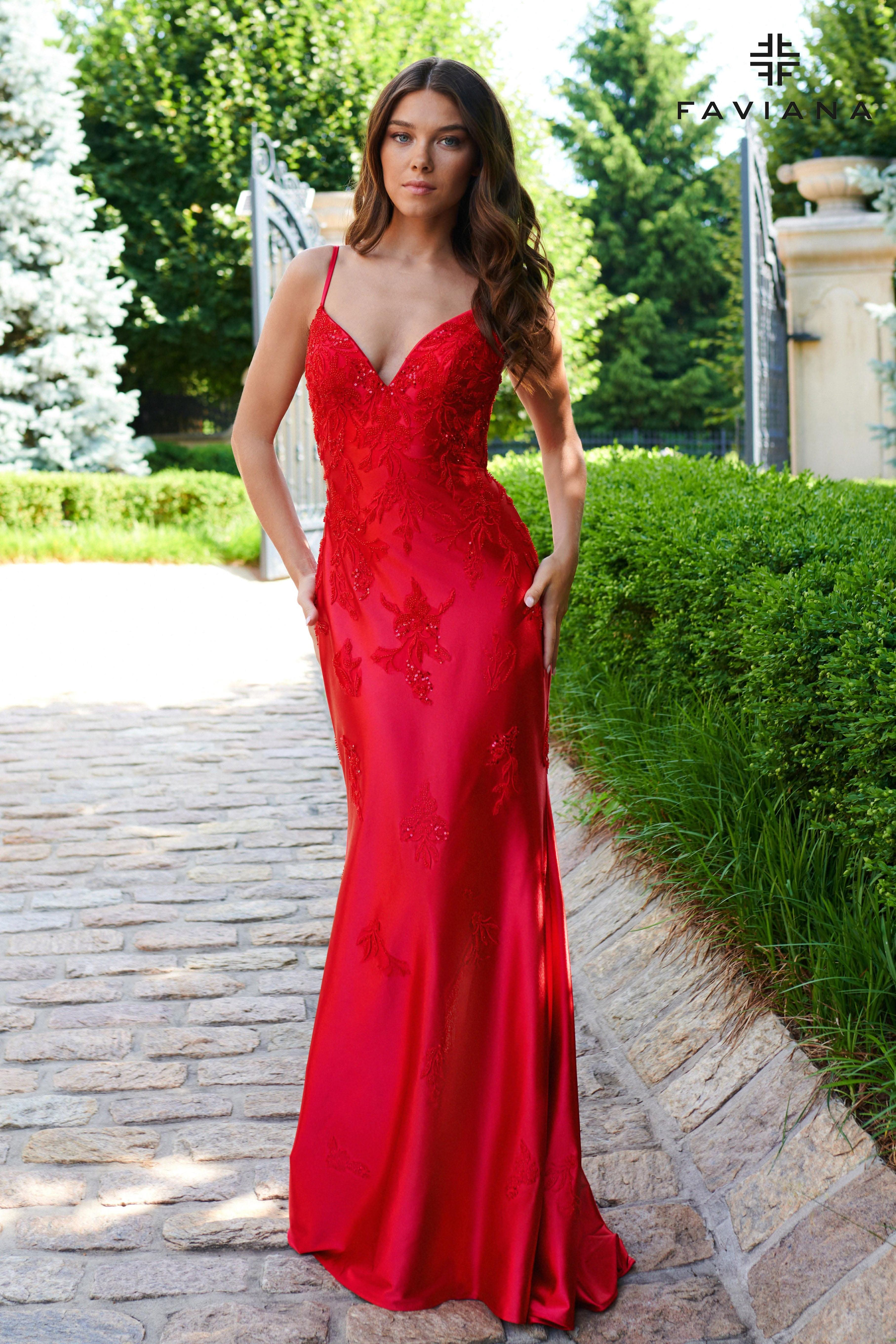 Red Beaded Satin Long V Neck Dress With Open Back | 11245