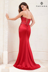 Red Strapless Satin Corset Dress With Exposed Boning And Beading | 11209