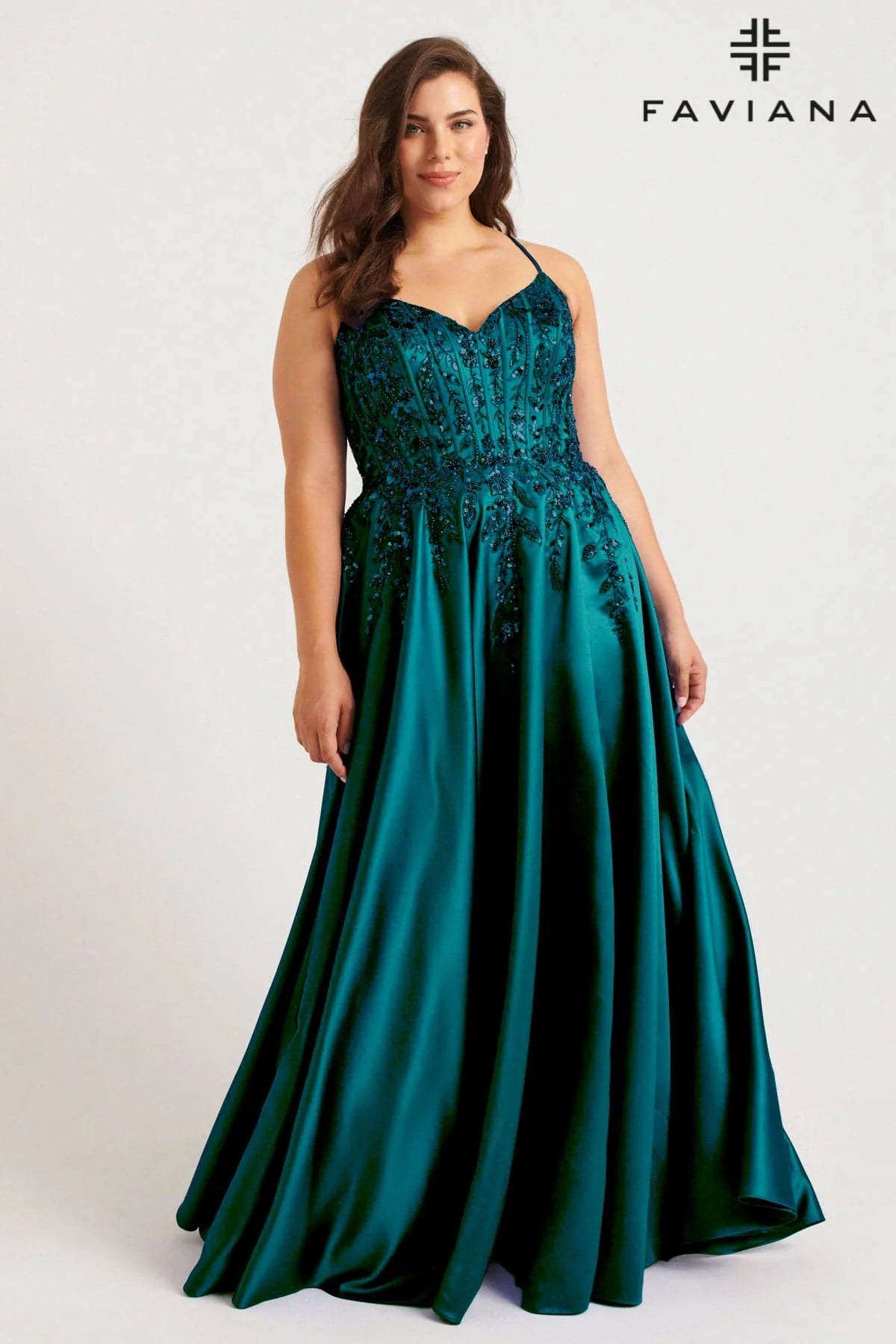 Plus Size Corset A-Line Charmeuse Gown With Lace-Up Back And Pockets | 9575