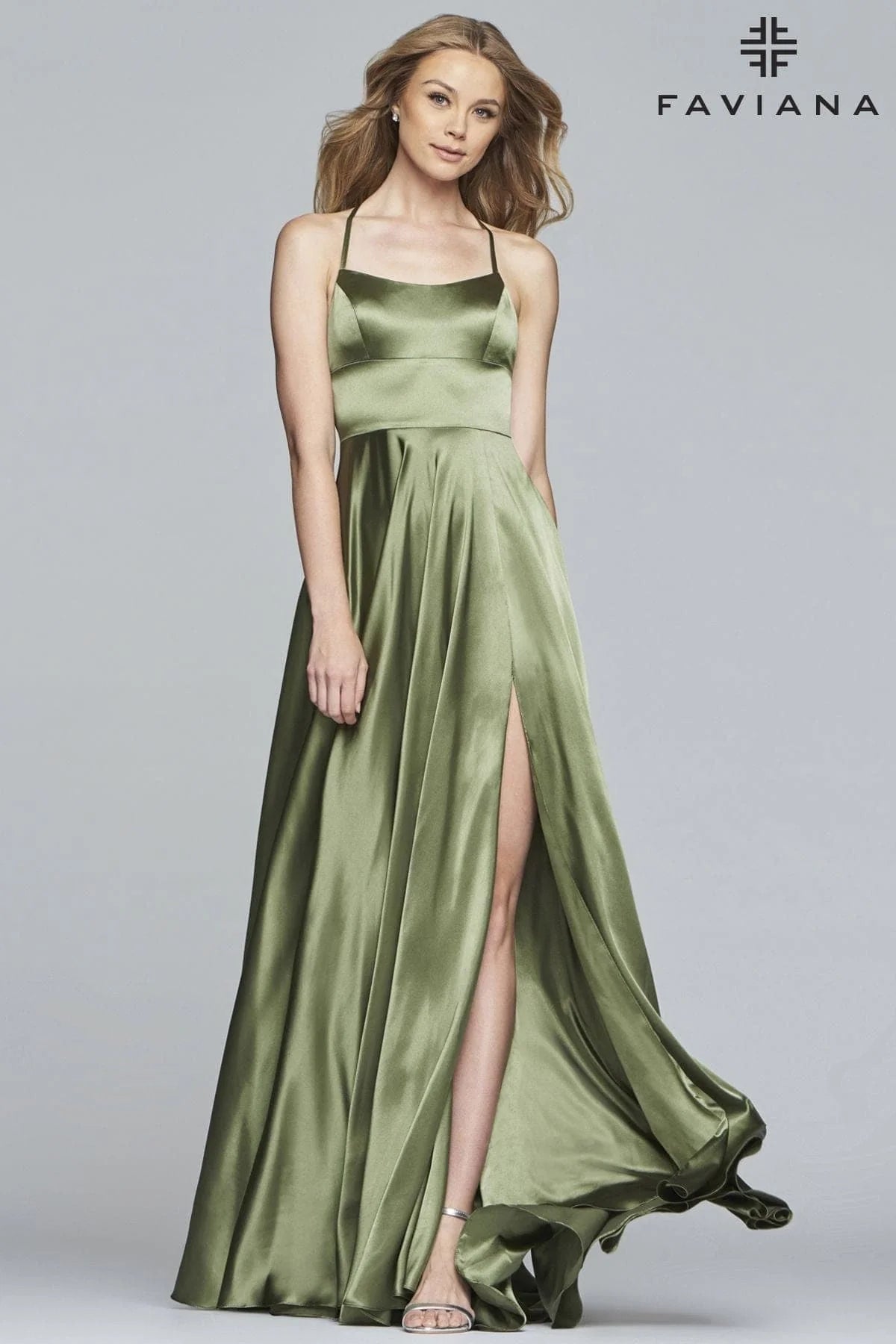 Charmeuse Halter Neck Long Dress With Scoop Neckline And Lace Up Back