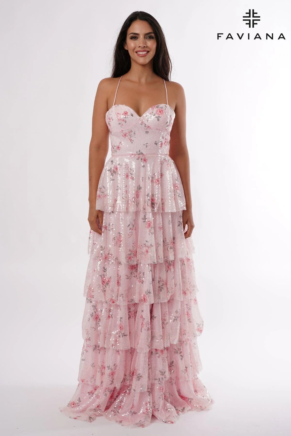 Vintage Floral Sequin Tiered Frilly Long Dress | E11223