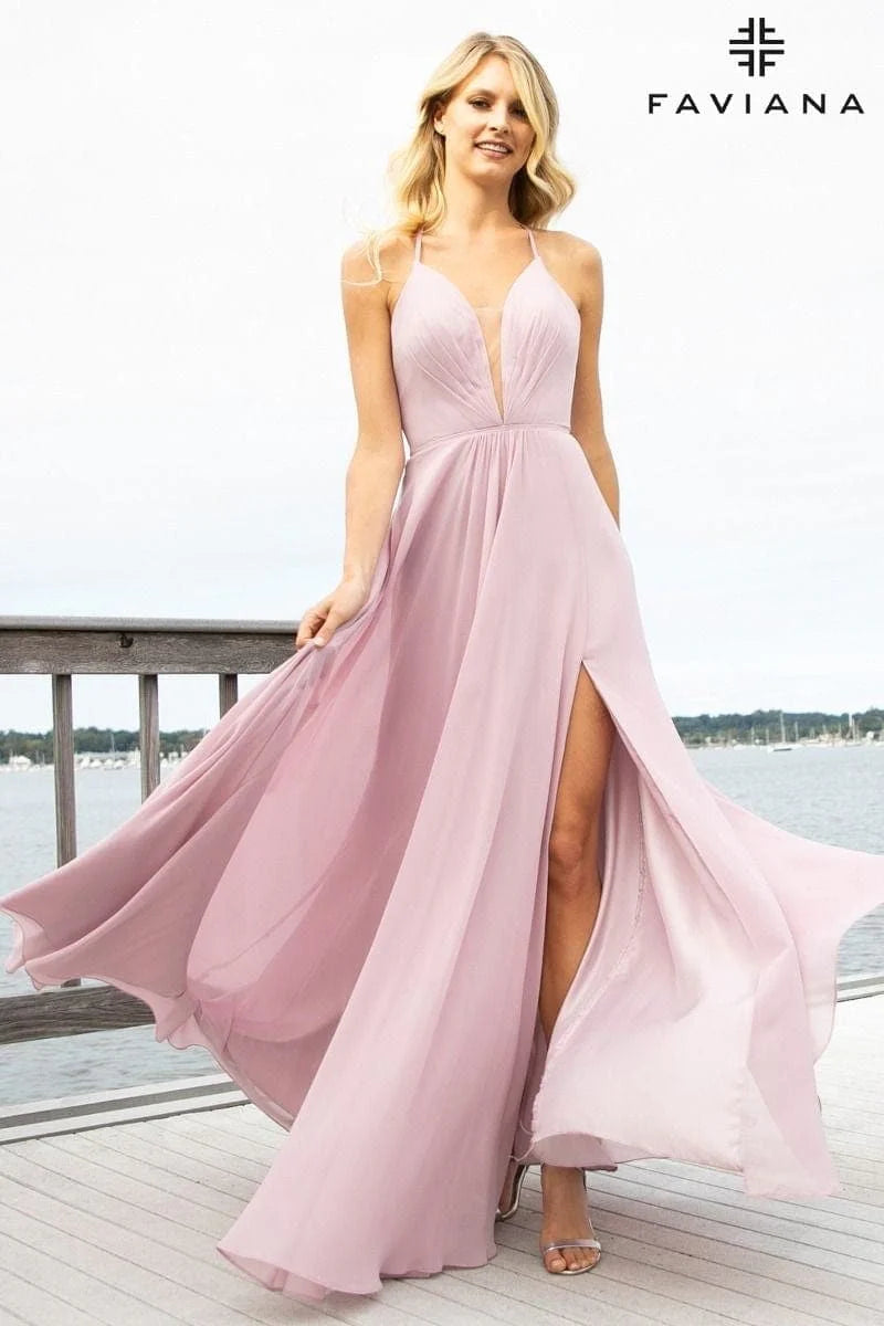 Chiffon V-Neck Evening Dress With Full Skirt And Lace-Up Back