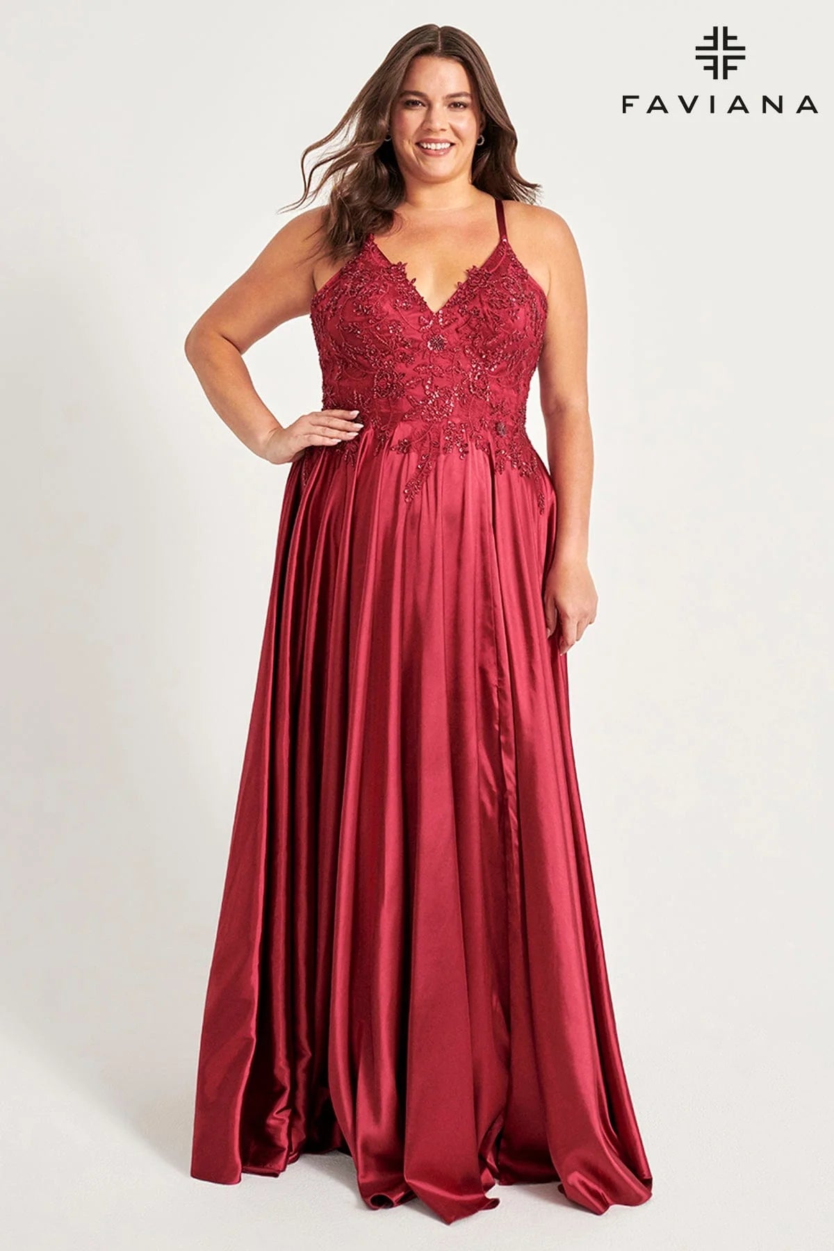 Plus Size V Neck Prom Dress With Flowy Skirt And Beaded Bodice | 9533