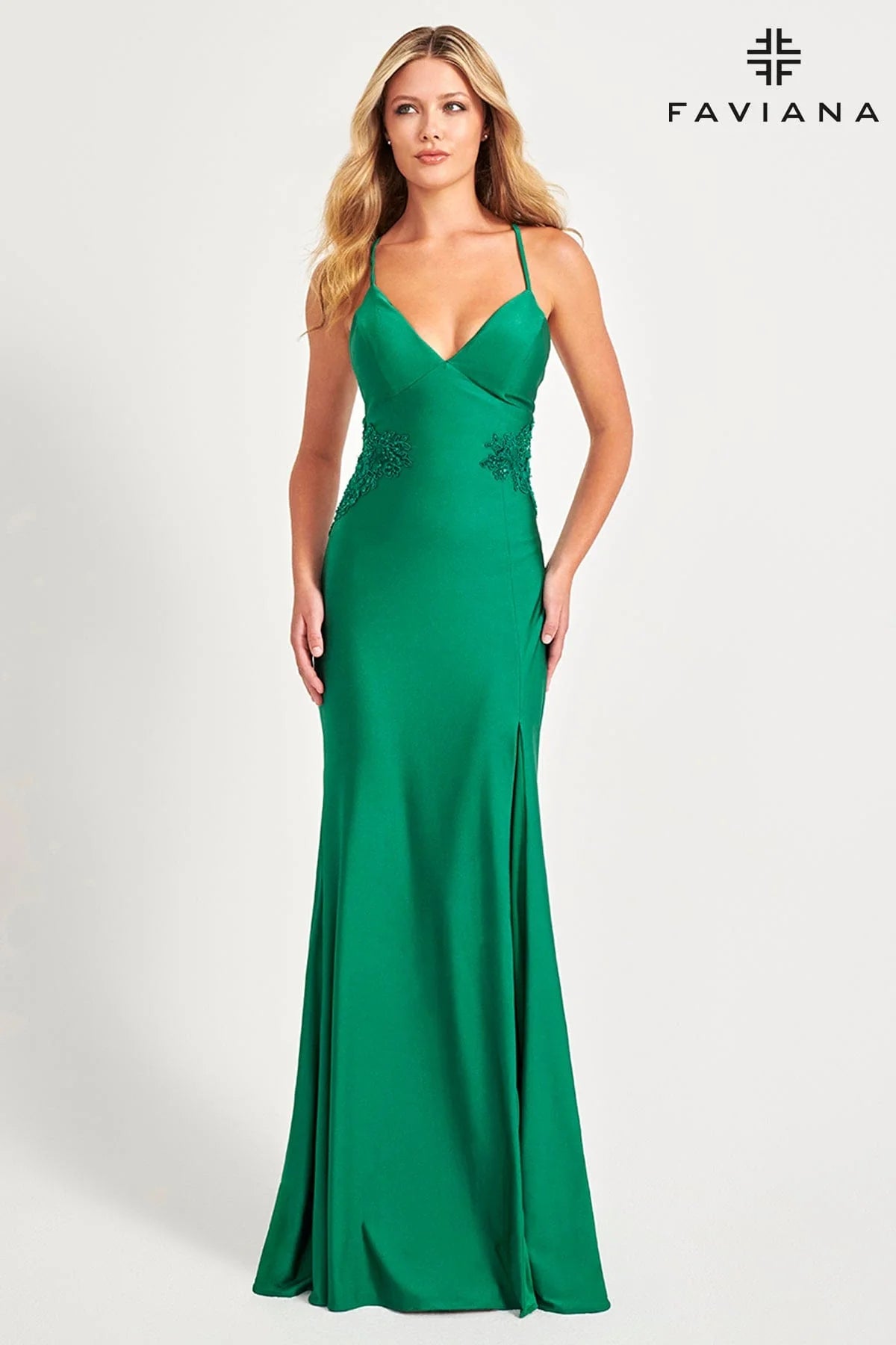 Dark Emerald V-Neck Lace Up Back Long Dress With Beaded Lace At Waist And Skirt | 11020