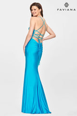 Sea Blue V Neckline Prom Dress With Stretch Fabric And Corset Back | S10826